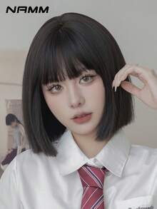 NAMM 12 Inch Black Short Bob Wigs For Women - Elegant Short Straight Hair Wig With Bangs, Premium Silky Synthetic Heat Resistant Costume Wig For Daily Wear, School & Music Festivals Celebrations Use. ,Halloween Cosplay Anime Or Costume Use