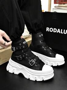 SLnU3 SLNU★3 Men's Fashion Casual Thick-Soled Height-Increasing Boots Creative Buckle Punk Style Suitable For Outdoor Street Style All-Match Style In All Seasons - Đen và trắng - Xem 6