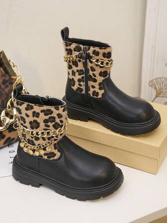 1 par söta moderiktiga PU-kedjestövlar för flickor, varma Academy-utomhusstövlar, varma stövlar för spädbarn, stövlar för alla årstider