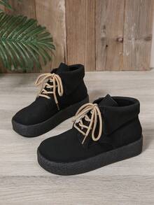 Stivaletti alla caviglia da donna con lacci e suola spessa, stivali casual da lavoro con colletto arrotondato, adatti per l'autunno/inverno per uso quotidiano e stivali da neve per esterni