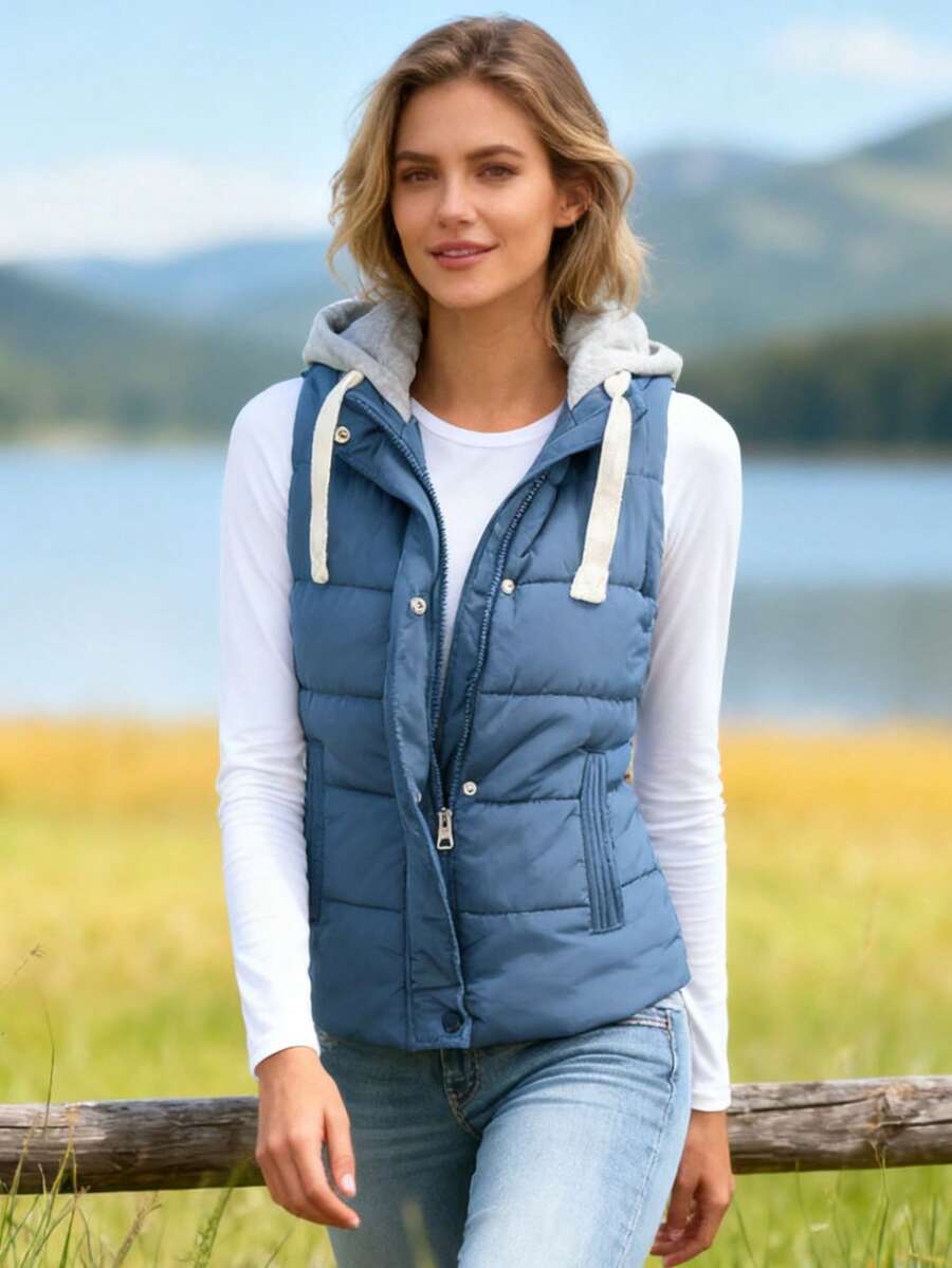 Women's Hooded Puffer Vest, Winter Warm Zip Up Quilted Jacket For Outdoor Casual Wear - Màu xanh lam - Xem 1