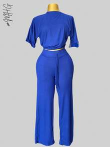 Camiseta de cuello redondo y mangas estilo murciélago y pantalones con cordón en la cintura, ideal para otoño - verano- invierno, comodo, tiro alto, bonito, comodo, casual, informal, oficina, calle, regalo, - azul real - Ver 3