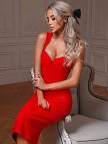 情人节时尚性感优雅吊带V领中长修身连衣裙夏季水晶装饰绷带裙黑色晚宴鸡尾酒会礼服女装婚礼 - 紅色 - 查看 3