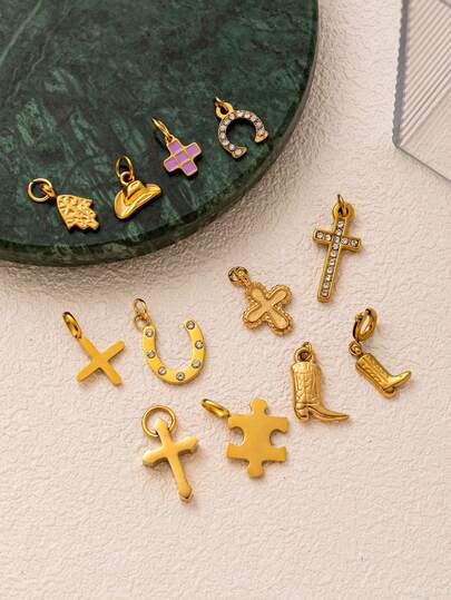 1pc Western Cowboy Style Stainless Steel Cowboy Boot, Cowboy Hat, Horseshoe, Blessing Tree, Cross Pendant, Suitable For DIY Necklace, Bracelet, Earring, Bag Chain, Keychain, 18K Gold Plated, Waterproof And Sweat-Proof, Can Be Worn As A Delicate Pendant To Show Charm, Also Suitable As A Gift For Wife, Mother And Girlfriend. Women's Jewelry.