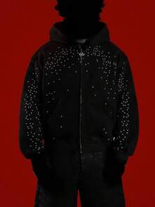 Y2K Harajuku Women's Zip Up Jacket With Star Print Pattern Hip-Hop Style Short Zip Hoodie Gothic Black Jacket Unisex - 黑色 - 查看 2