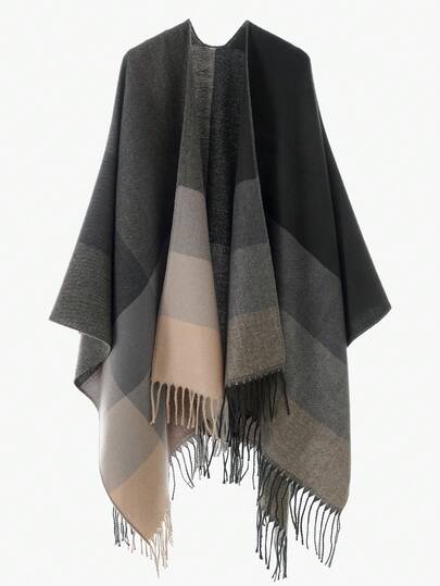 1 pieza Poncho/chal de mujer con bloques de color a rayas y parches a cuadros, informal, para exteriores y viajes, cálido con flecos, adecuado para uso diario en otoño/invierno con vestidos