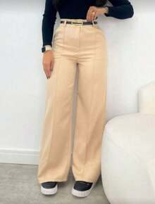 Calça Feminina Alfataria Social com Cinto Pantalona Luxo - Bege - Visão 5