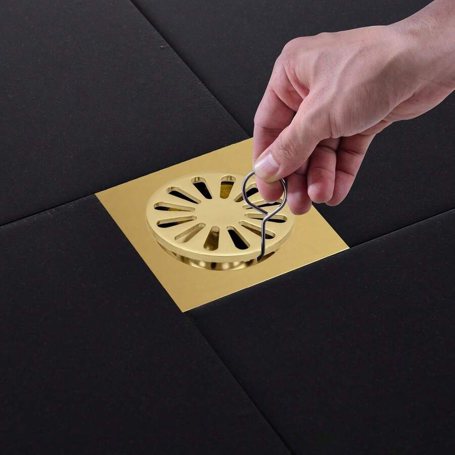 HAMOLER Desagüe de Piso Cuadrado Moderno de 4 Pulgadas Desagüe de Ducha de Acero Inoxidable 304 con Cubiertaíble Drenaje de Ducha Inserto Rejilla de desagüe, Dorado - 1 - Ver 1
