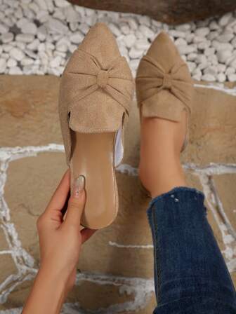 Khaki Pointed Toe Mule Shoes For Women, Bowknot Decor, Office Casual Loafers, Suede Fabric, Slip-On Design, Elegant & Versatile Flat Shoes For Spring & Autumn