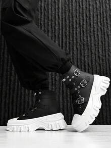 SLnU3 SLNU★3 Men's Fashion Casual Thick-Soled Height-Increasing Boots Creative Buckle Punk Style Suitable For Outdoor Street Style All-Match Style In All Seasons - Đen và trắng - Xem 5