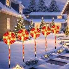 1 Set de 5 piezas de luces solares de camino con forma de piruleta rojas y blancas, con 8 modos de iluminación, luces decorativas de ambiente para Navidad, con interruptor de botón, adecuadas para exteriores, jardín, centro comercial, autocaravana, camping, boda, césped, fiesta en el patio trasero, jardín, vacaciones, decoración navideña