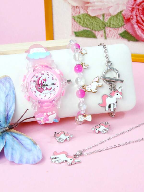 Set de 6 piezas Reloj de cuarzo con pulsera de unicornio para niñas, estilo europeo y americano lindo y dulce, luminoso LED, correa de silicona suave 3D, reloj de poni arcoíris + pulsera de cuentas de unicornio + collar + pulsera + aretes x2
