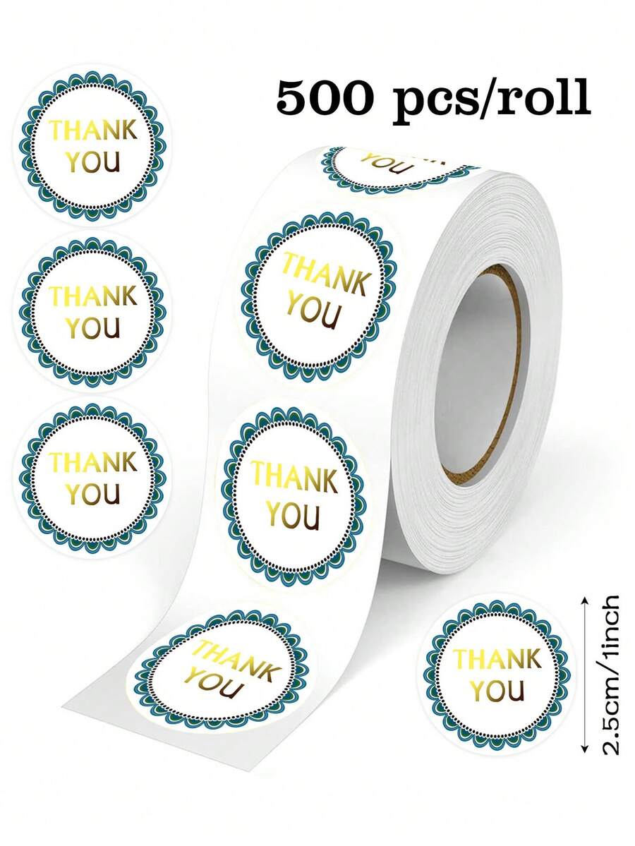 500pcs Gold Foil Transparent "Thank You" English Stickers, 1 Inch Round Adhesive Tape, Suitable For Daily And Holiday Party, Envelopes, Cards, Bouquets, Gift Packaging, Scrapbooking DIY Decoration, PVC Non-Adhesive Sealing Stickers - Multicolor - View 1