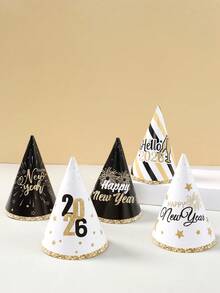6Pcs 2026 Black & Gold New Year Party Paper Hats,DIY Decorative Hat With Fireworks & Stripes Design,New Year Photo Props Hats,Happy 2026 New Year Party Decor,Happy New Year Decorations,New Year Celebration,New Year Eve Ceremonies Decor - Multicolor - View 3