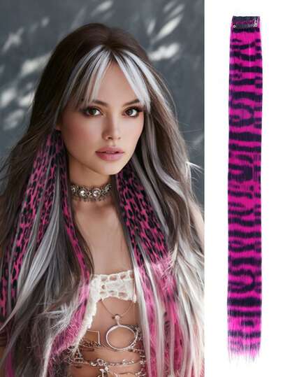 Synthetic Seamless Hair Extension With One Clip, Colorful Leopard Print Silk Braid, Clip-in Hair Extension, Invisible Straight Wig