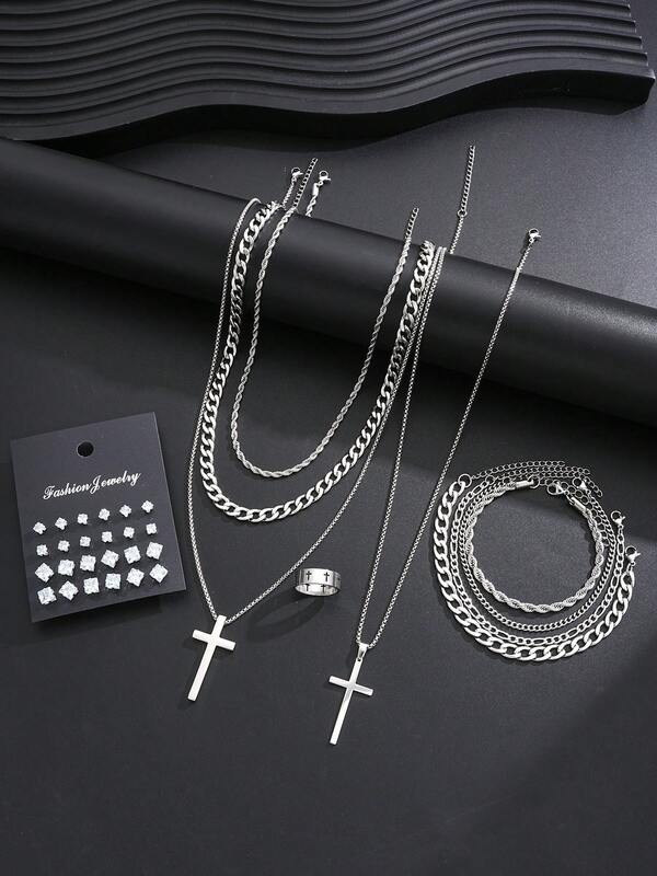 Conjunto de acessórios de aço inoxidável com strass e cruz, 33/24/3 peças, moda minimalista, punk, casual, hip-hop, estilo de rua, para homens, férias, festa, uso casual de rua