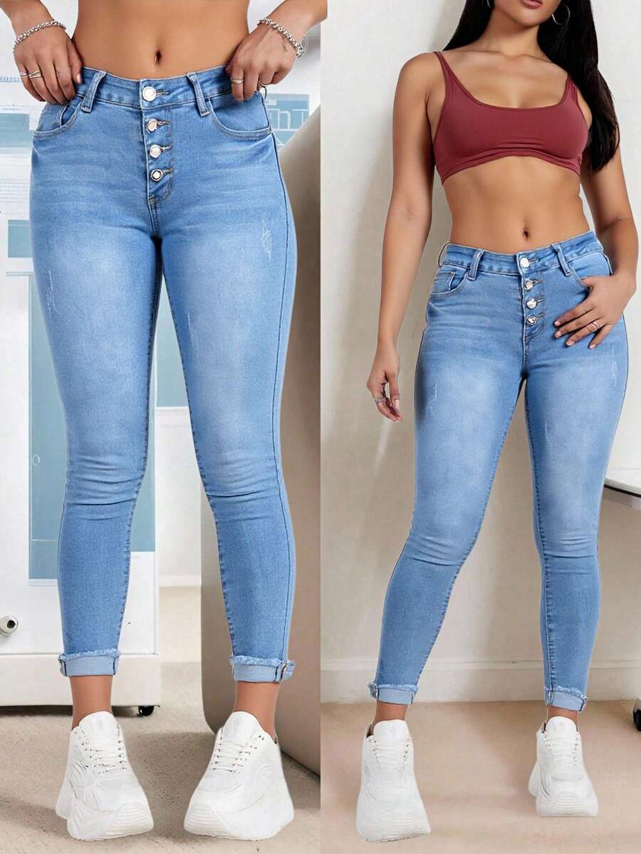 Pantalones vaqueros ajustados de tiro alto color azul claro con cierre múltiple, tejido suave y elástico, estilo casual y versátil - Lavado ligero - Ver 1