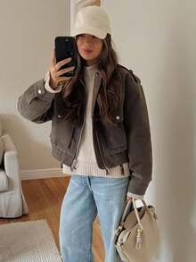 Chaqueta de ante gris para mujer, de corte oversize, de uso casual, con bolsillos con cremallera, para otoño e invierno