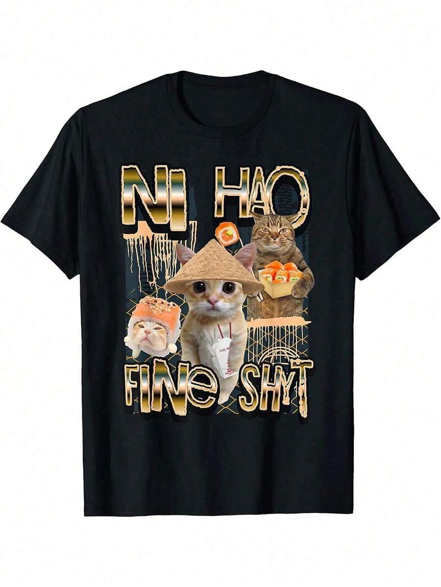 Ni Hao Fine Shyt Camiseta Divertida Brainrot Gen Z Meme, Algodón Unisex Gráfico Retro Streetwear Cuello Redondo Camiseta De Manga Corta Para Hombre. - 黑色3 - 查看 1