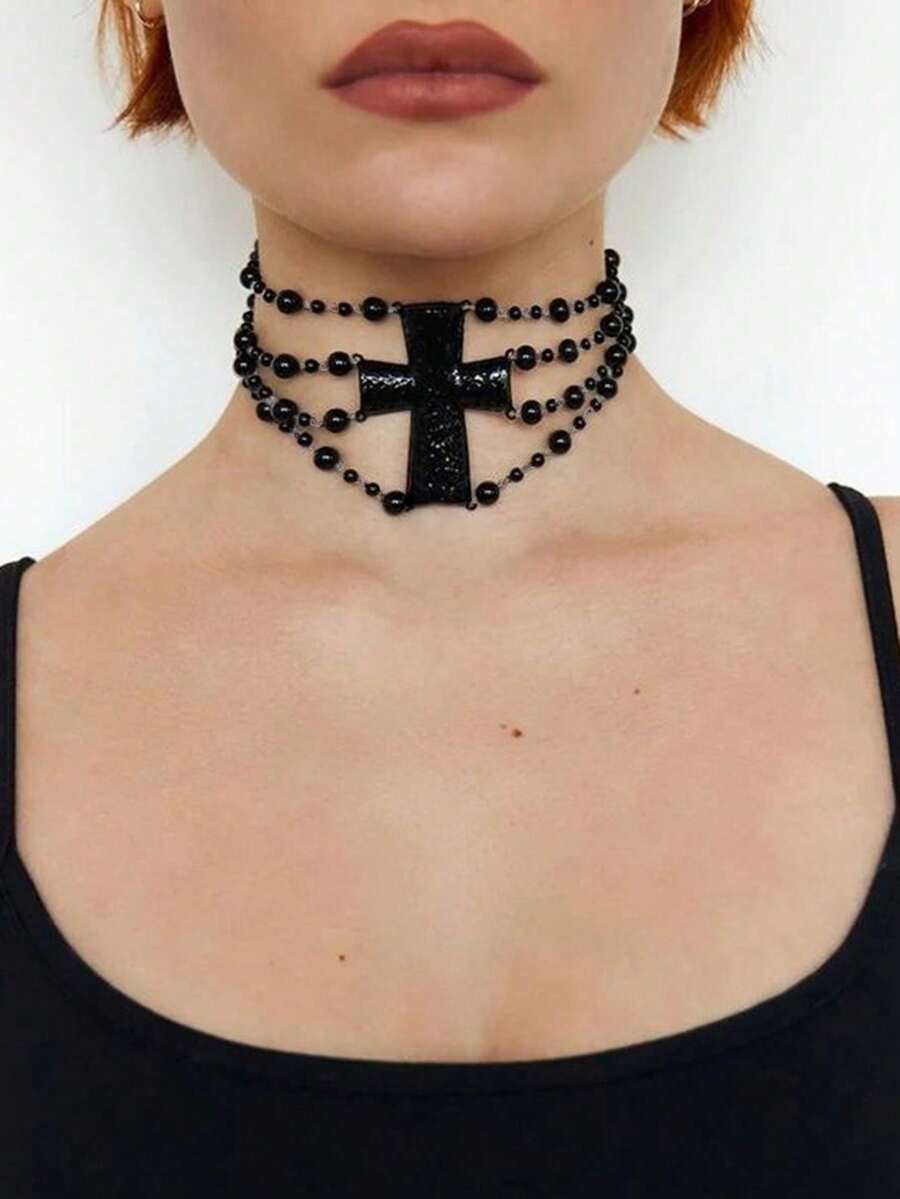 1 pieza Collar de capas con cuentas y cruz de estilo punk gótico para mujer, accesorio para fiestas, festivales de música, reuniones