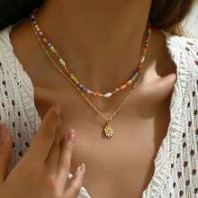Handmade Adjustable Bead Flower Pendant Necklace - Colorful Rice Bead Flower Design, Gold Alloy, Casual Fashion Women's Accessories, Daily Wear Necklace| Vibrant Pearl Flower Design| Gold Color Surface Treatment, Flower Necklace - 1 cái - Xem 7