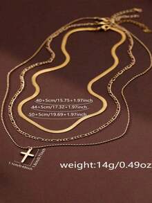 3pcs/Set Fashionable New Gold Metallic Flat Chain & Round Bead Chain Layered Cross Pendant Necklace