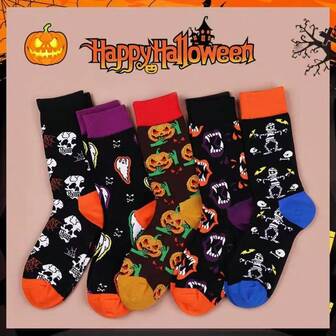 5 pares de calcetines de tripulación de novedad de carnaval rave | Estampado de calabaza, fantasma, calavera, calcetines divertidos unisex para disfraces, adecuados para escenario, cosplay, fiestas y atuendos de festivales, diseño de tobillo alto, ideas de regalo para hombres