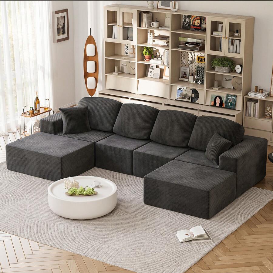 Devoko 126'' Modular Sectional Sofa, Convertible U Shaped Cloud Couch, Corduroy Boneless Sectional Couches For Living Room, No Assembly Required - 黑色 - 查看 1