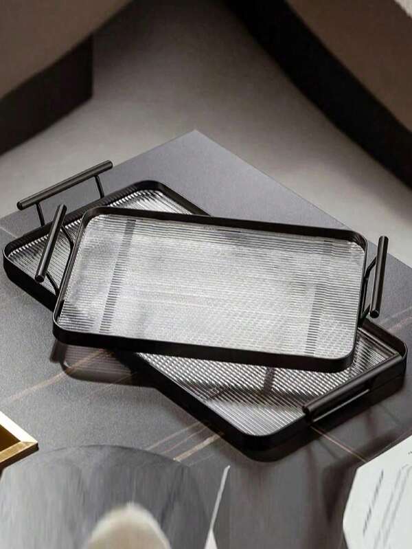 1pc Acrylic Premium Tray With Metal Handle Black Acrylic Vanity Cosmetic Tray For Kitchen Dining Room Table, Bathroom Toilet Tank Top Decorative Storage Tray,Home Decor