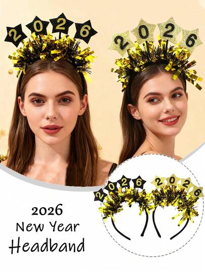 1个2026新年快乐星形发箍，黑金闪光发箍头饰，2026新年快乐皇冠金属丝装饰发饰，适合新年派对、音乐节、化装舞会、嘉年华、家庭聚会、新年除夕派对礼物