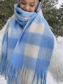 1件装女士秋冬新款毛绒流苏围巾，保暖舒适大披肩，防风保暖，适合户外活动，简约百搭，日常佩戴，也适合圣诞节和其他节日。 - 05-淺藍 - 查看 5