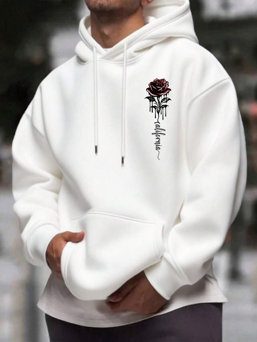 Men's Essential! Gray Tone Rose Print Minimalist Hoodie, Fall/Winter