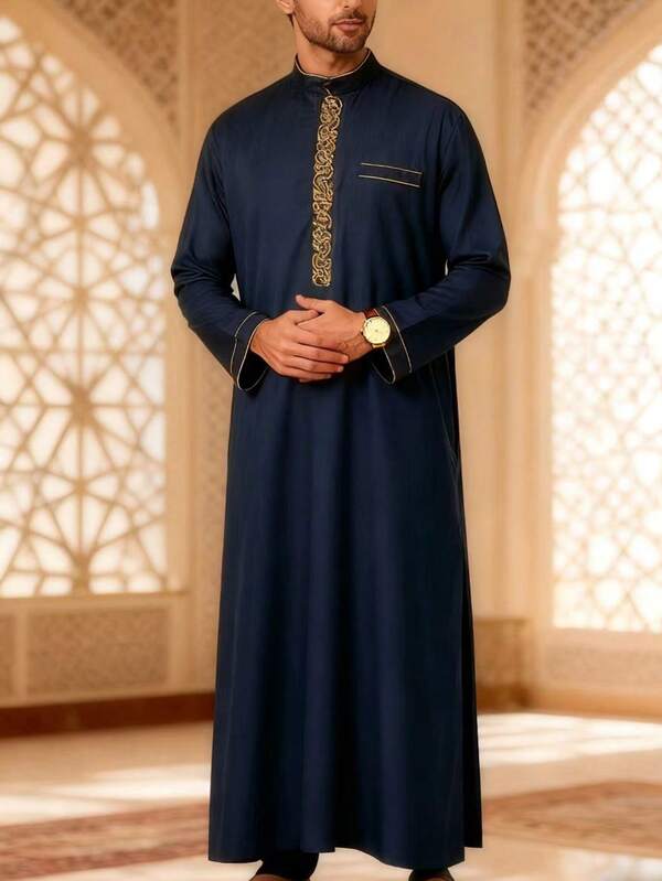 ثوب طويل الأكمام للرجال المسلمين بتصميم تطريز، ياقة صغيرة، فضفاض، ملابس تقليدية سعودية عربية إسلامية