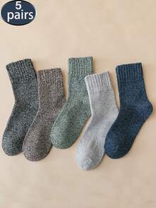 5 Pairs Men Thick Wool Knit Socks, Warm Casual Unisex Mid-Calf Socks Suitable For Autumn And Winter, Women Knee High Socks And Tights, Fall