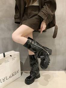 亮面时尚喇叭筒中筒靴，百搭粗跟圆头靴，女士街头风，秋冬款 - 亮黑色 - 查看 8
