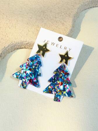 1 对女士圣诞镜面星和深蓝色圣诞树闪光亚克力优雅耳环
