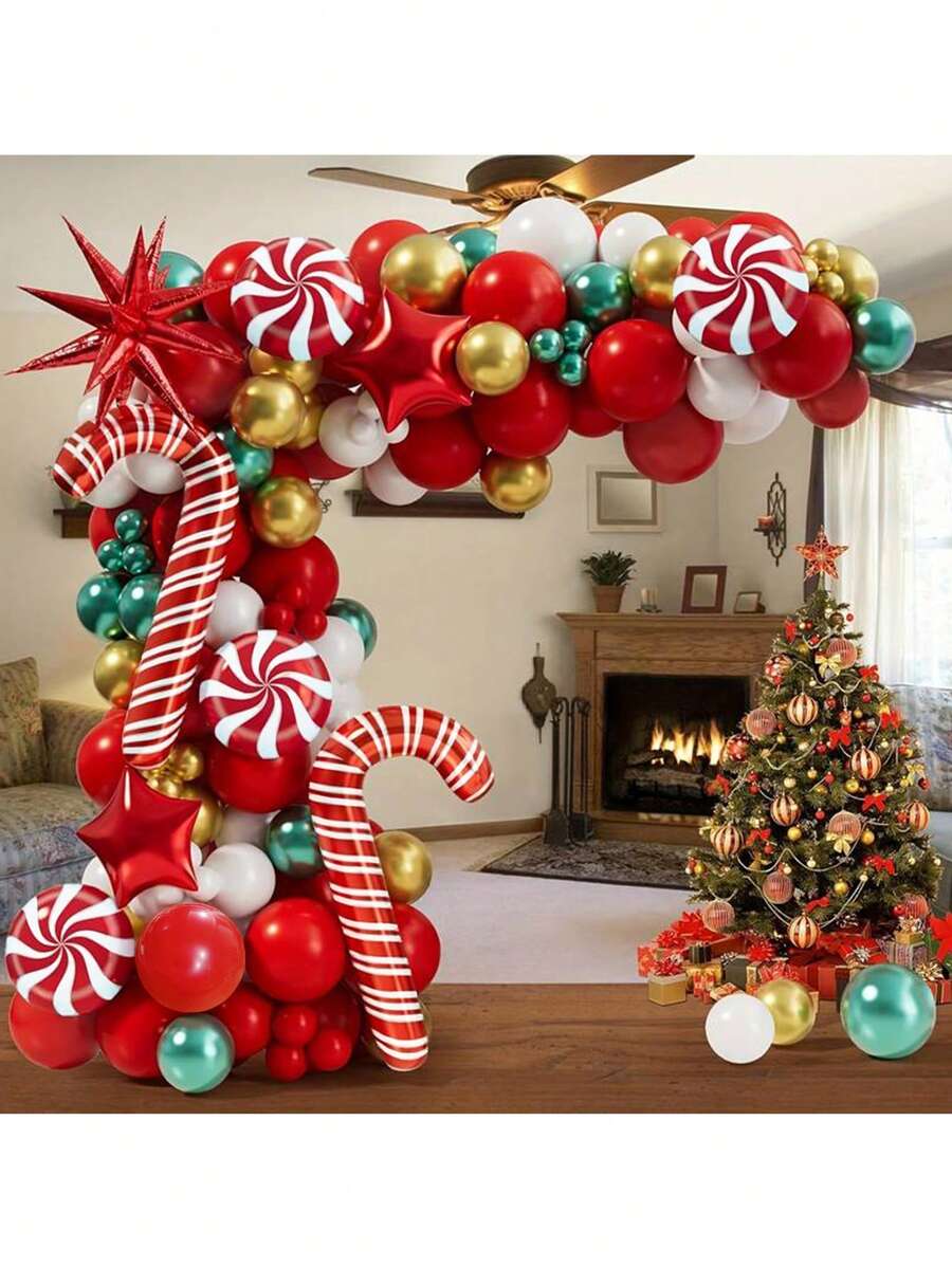 147pcs Christmas Balloon Wreath Set, Red, White, Gold, Green Balloons DIY Balloon Kit, Suitable For Christmas Party Decoration, Classroom Celebration, Birthday Party, Christmas Gathering Decoration - Multicolor - View 1