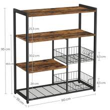 Küchenregal, Standregal mit 2 Metallkörben, Bäckerregal mit Haken und Regalablagen, Mikrowellenregal, 35 x 80 x 93,5 cm - Vintagebraun-Schwarz - Übersicht 5