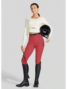 Willit Women's Horse Riding Pants Knee-Patch Equestrian Breeches Horseback Schooling Tights Zipper Pockets - 紅色 - 查看 6