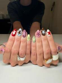 Bộ 24 miếng dán móng tay hình bầu dục nhiều màu sắc kiểu Pháp, hồng, đỏ, vàng, nâu, trắng, tím, họa tiết ngôi sao, kiểu công chúa, hoàn hảo cho móng giả acrylic, bao gồm 1 gel dẻo và 1 dũa móng, phù hợp cho phụ nữ và bé gái sử dụng hàng ngày, khi đi du lịch và dự tiệc. - Nhiều màu - Xem 6