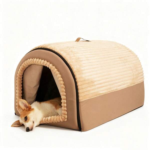 Enclosed Dog & Cat House Tent With Door Flap, Dog Cave Bed, Winter Warm Dog Cat Hideout Pet House, Removable & Washable Pet Bed For Cats & Small Dogs Under 27 Lbs, Brown (15.7" X 17.7" X 23.6")