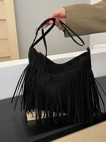 1 pieza Bolso de mano con diseño mate de moda, bolso cruzado versátil bohemio vintage con flecos, bolso de hombro estilo Y2K, regalo para vacaciones, ideal para compras al aire libre y estilo callejero - Negro - Ver 7