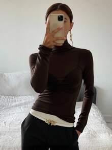 Livesso Women's Solid Color Ruffle Trim Mock Neck Form-Fitting Slim T-Shirt, Coffee Brown, All Season Sheer,Fall Clothes Long Sleeve Women Tops Turtleneck Women - Coffee Brown - View 2