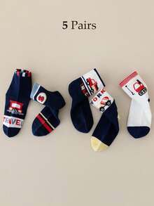 5 Pairs/Set Kids Cartoon Construction Vehicle Mid-Calf Socks, Boys Socks, Soft & Breathable, Suitable For Autumn/Winter Daily And Back To School Wear - Multicolor - View 5