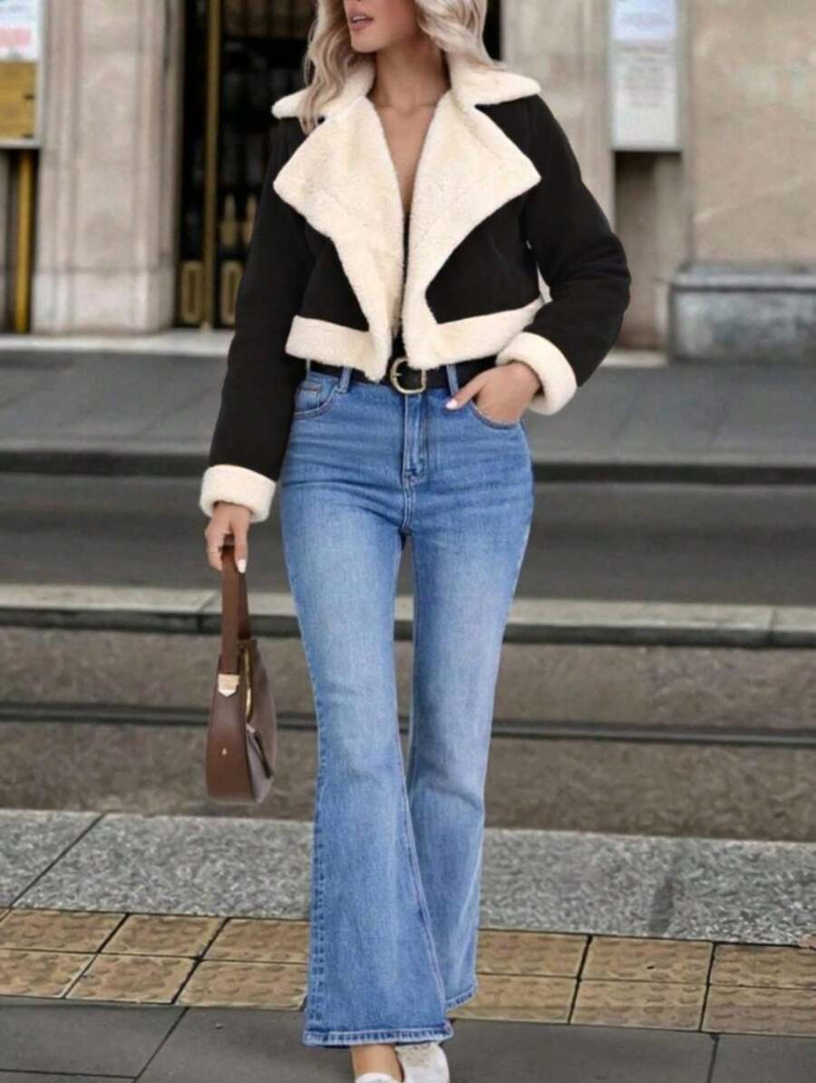 Chamarra moderna con forro calientito tipo motociclista afelpada - Negro - Ver 1