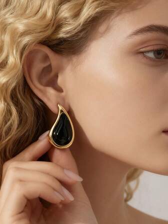 1 Pair Women's Minimalist Geometric Waterdrop Stud Earrings, Stainless Steel Fashion Enamel Design Teardrop Earrings, Versatile For Casual, Work, Evening Wear