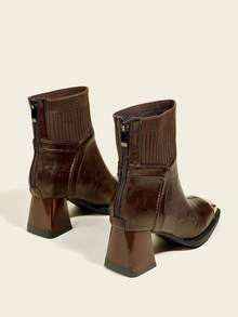 Women's Brown Ankle Boots And Short Boots, Chunky 6cm High Heel Block Heel Iron Head Short Boots With Back Zipper And Knit Patchwork - Brown - View 4