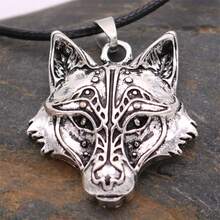 1 pieza Colgante de collar con cabeza de lobo estilo vikingo retro, accesorio de joyería de moda y único, regalo de fiesta para mujeres - Plata antigua - Ver 2