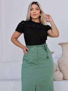 Women's Long Linen Skirt With Front Slit PAULA With Pockets And Drawstring At The Waistband Evangelical - 薄荷綠 - 查看 7