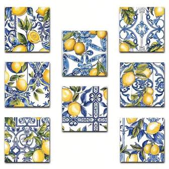 8 Stücke/Set Mittelmeer Aquarell Zitronen Holz Untersetzer Set, Teetassen Untersetzer, Kaffee, Getränke Untersetzer, geeignet für Zuhause, Einweihungsgeschenk, Geschenk für Eltern, Freunde, 1 Set mit 8 Stücke, 200 Sets mit 1600 Stücke